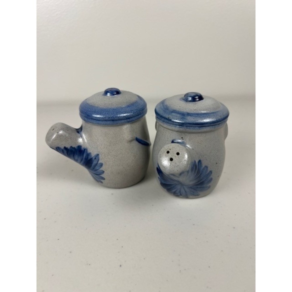 Rowe Pottery Works Salt Glaze Stoneware Salt and Pepper Shakers Blue Floral Grey